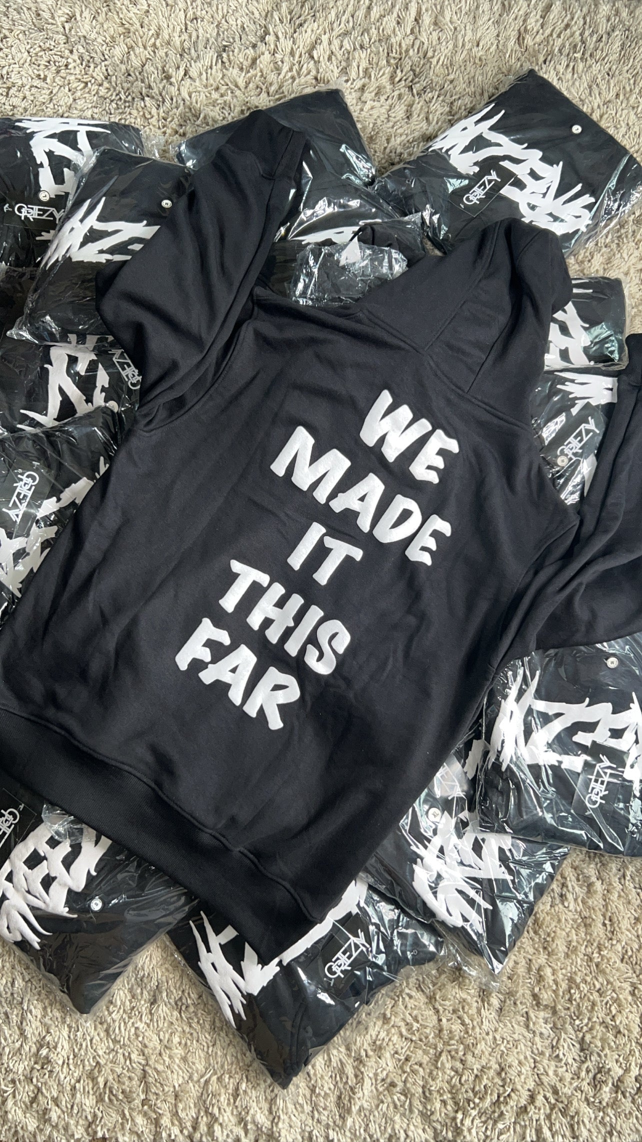 Black "WE MADE IT THIS FAR" Puff print hoodie